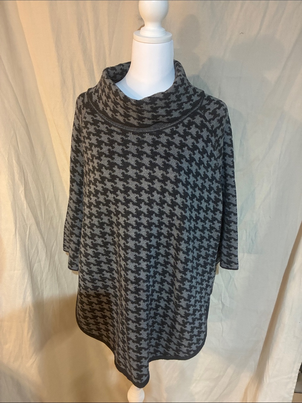 LOFT Gray Houndstooth Cowl Neck Poncho Sweater